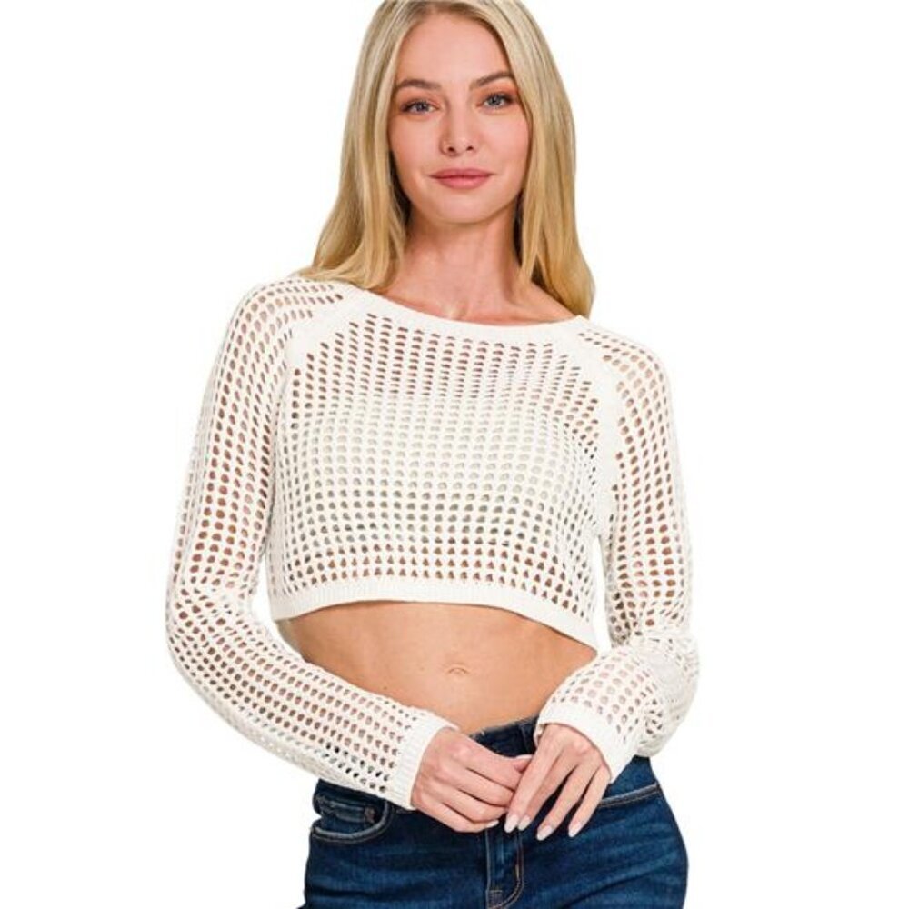 Zenana Hollow‎ Knitted Cropped Round Neck Sweater